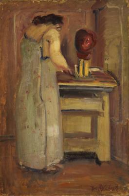 [Woman seated at table]