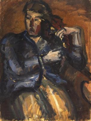 [Woman braiding her hair]