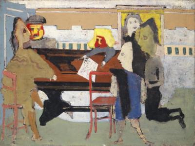 [Interior with figures around table]