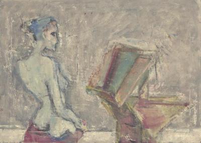 [Figure study / still life with vase and bottle]