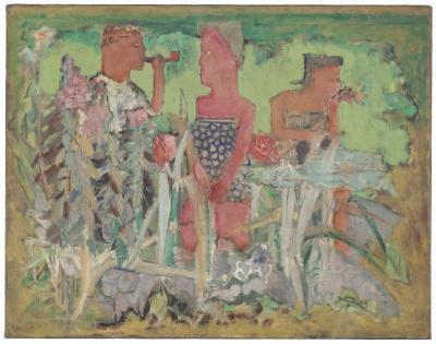 [Man and two women in a garden] The Scribble-In Book, page 61