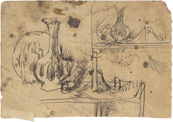 [Still life with plate, statue, vase, candlestick] Gyral Sketch Book 2, page 56 (loose)