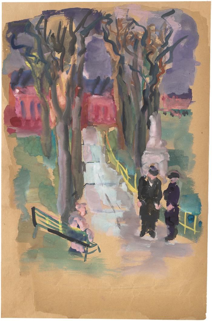 [Urban park with figures]