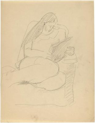 [Woman in chair reading]