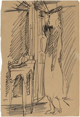 [Woman standing by window]