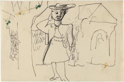 [Woman standing beside tree]