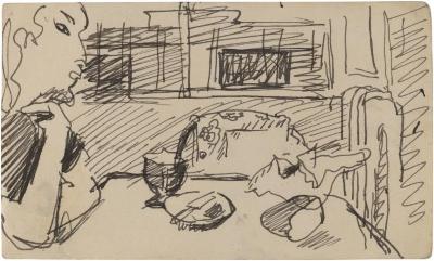 [Interior with woman seated at table]