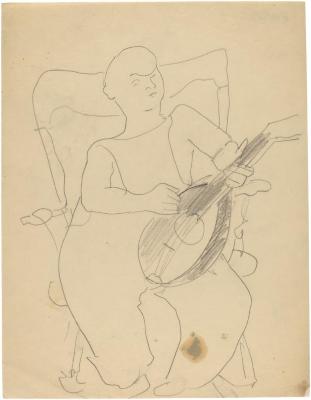 [Boy with mandolin in rocking chair]