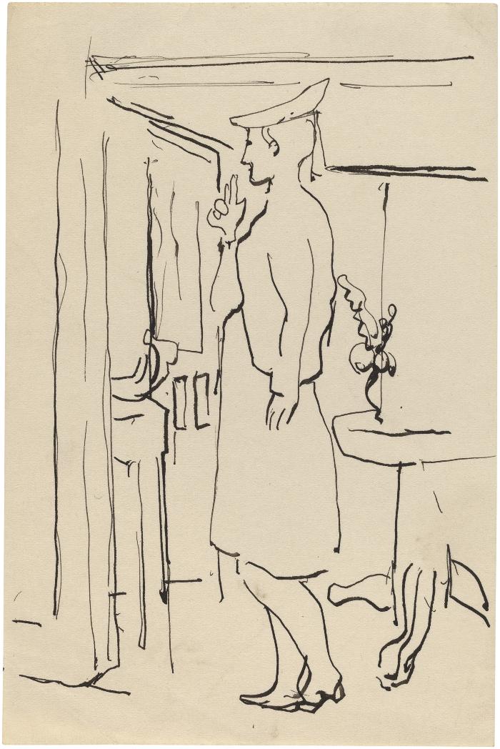 [Woman standing by window]