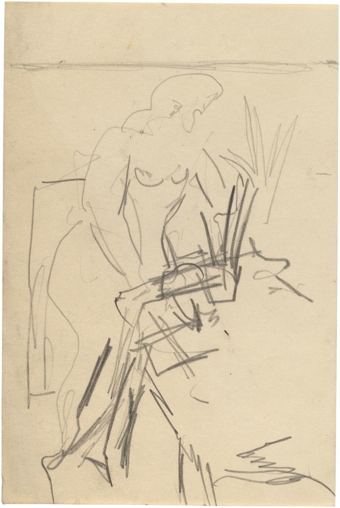 [Female nude by table]