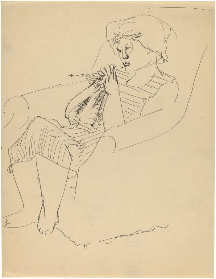 [Woman in armchair knitting]