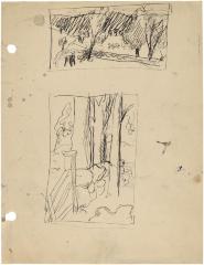 [Farm with animals / stone wall, gate, and trees]