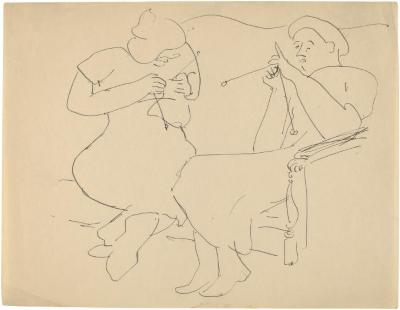 [Two women knitting on sofa]