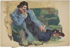 [Reclining woman on green sofa]