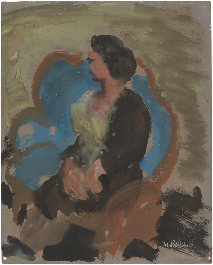 [Woman on blue love seat]