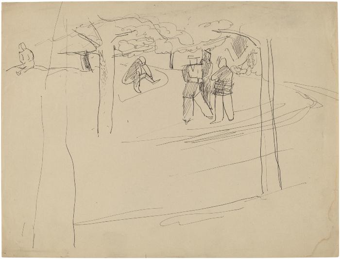 [Figures among trees]