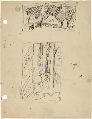 [Farm with animals / stone wall, gate, and trees]