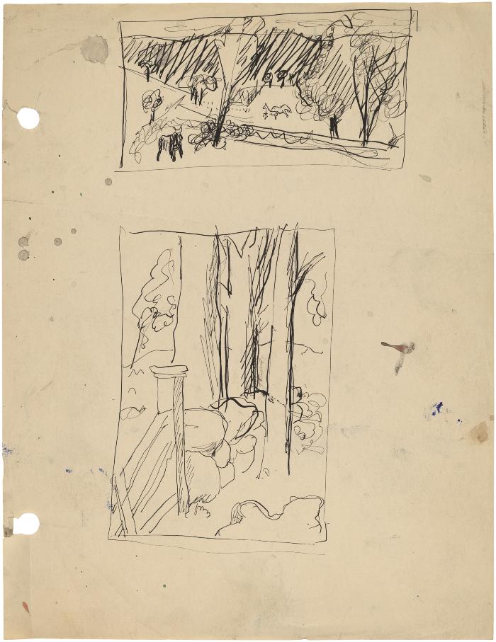 [Farm with animals / stone wall, gate, and trees]