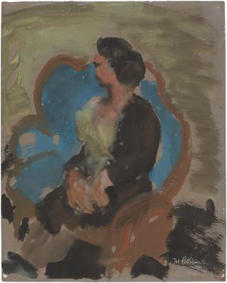 [Woman on blue love seat]