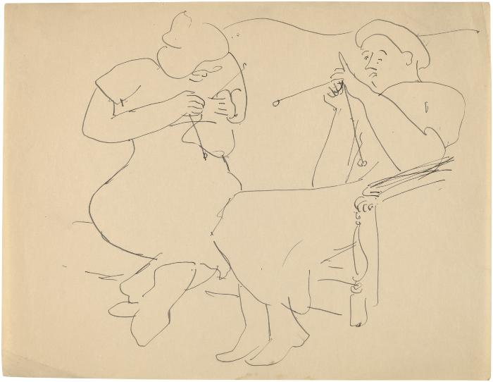 [Two women knitting on sofa]