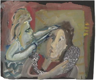 [Two women styling hair]