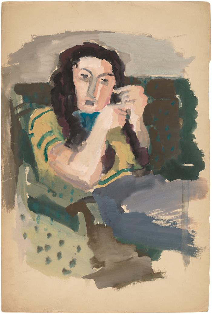 [Woman braiding her hair]