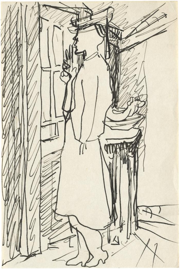 [Woman standing by window]