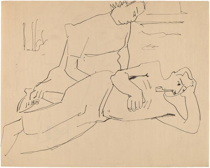 [Seated woman and reclining man with pipe]