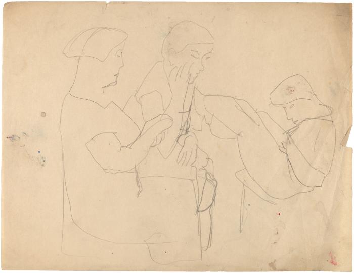 [Three seated figures]