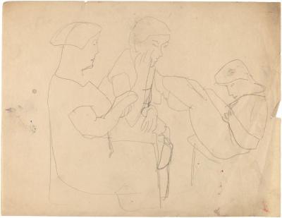 [Three seated figures]