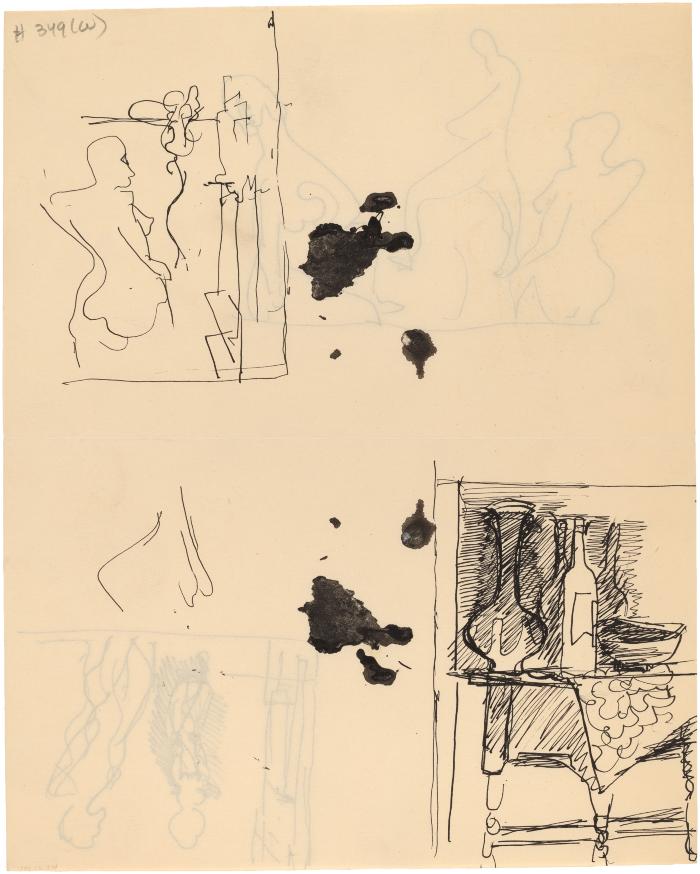 [Figure study / still life with vase and bottle]