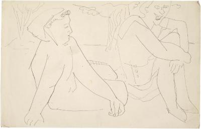 [Two seated figures in outdoor setting]