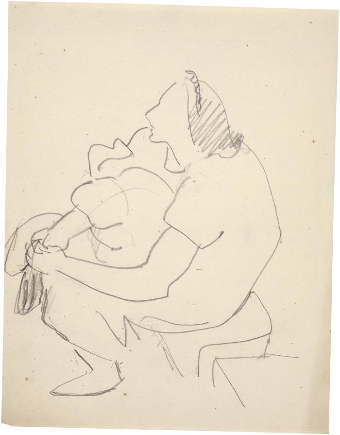 [Seated woman holding bundle]