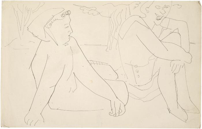 [Two seated figures in outdoor setting]