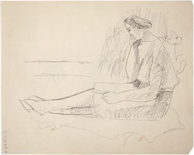 [Seated woman reading in outdoor setting]
