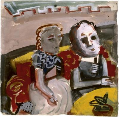 [Woman and man seated at table]