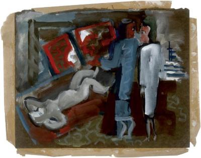 [Two standing figures in interior with reclining female nude]