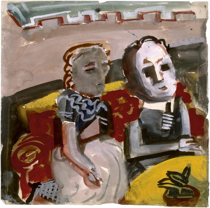 [Woman and man seated at table]