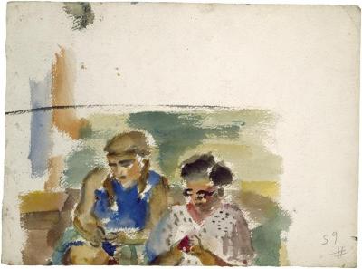 [Two women knitting]