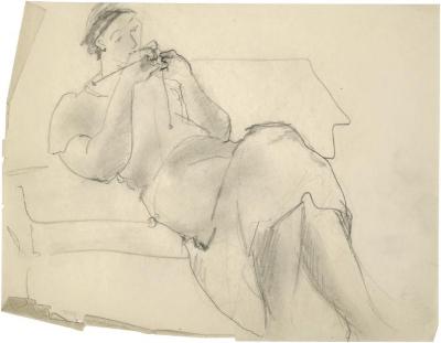 [Reclining woman knitting]