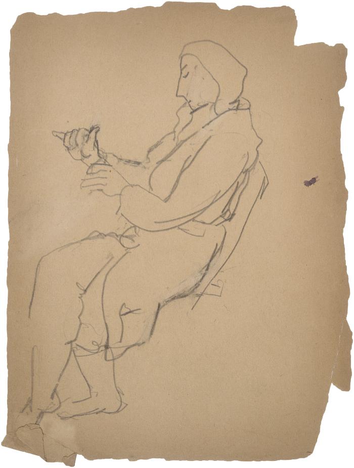 [Woman seated at table]