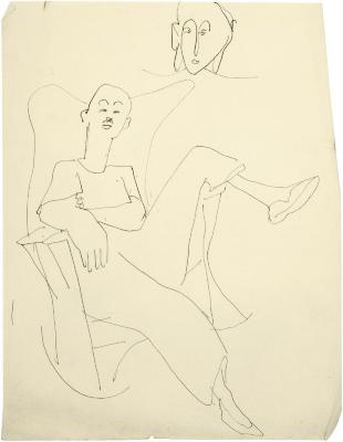 [Man in wingback rocking chair / head of a woman]