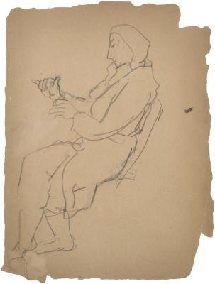 [Woman seated at table]