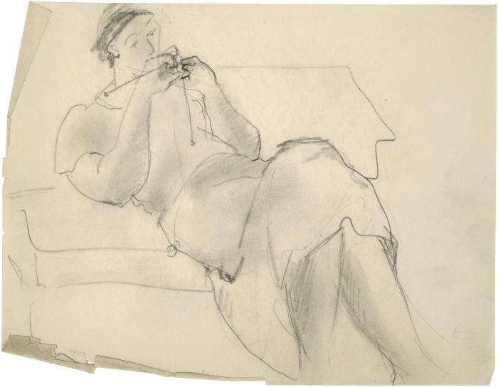 [Reclining woman knitting]