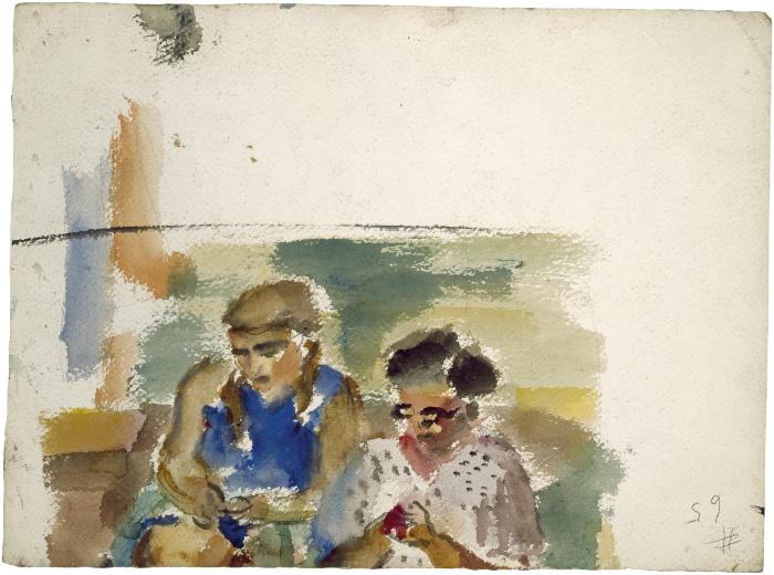 [Two women knitting]