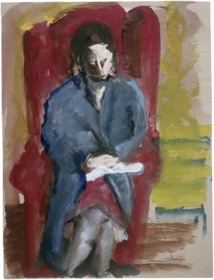 [Woman in red armchair]