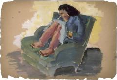 [Woman in green armchair]