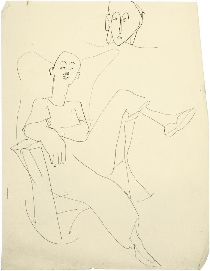 [Man in wingback rocking chair / head of a woman]