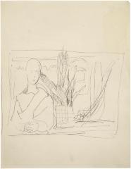 [Statue and plant by window]