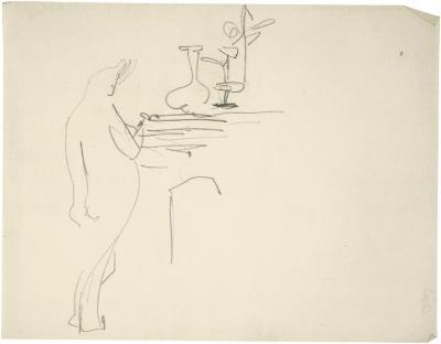 [Female nude standing at mantel]